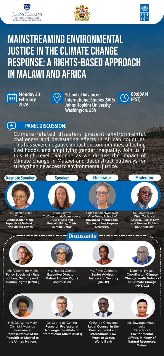 undpmalawi's tweet image. Today in Washington, D.C., a high-level dialogue on #EnvironmentalJustice and #ClimateAction puts human rights and access to justice at the centre of climate responses in Malawi and Africa. 🌍⚖️
#ClimateJustice