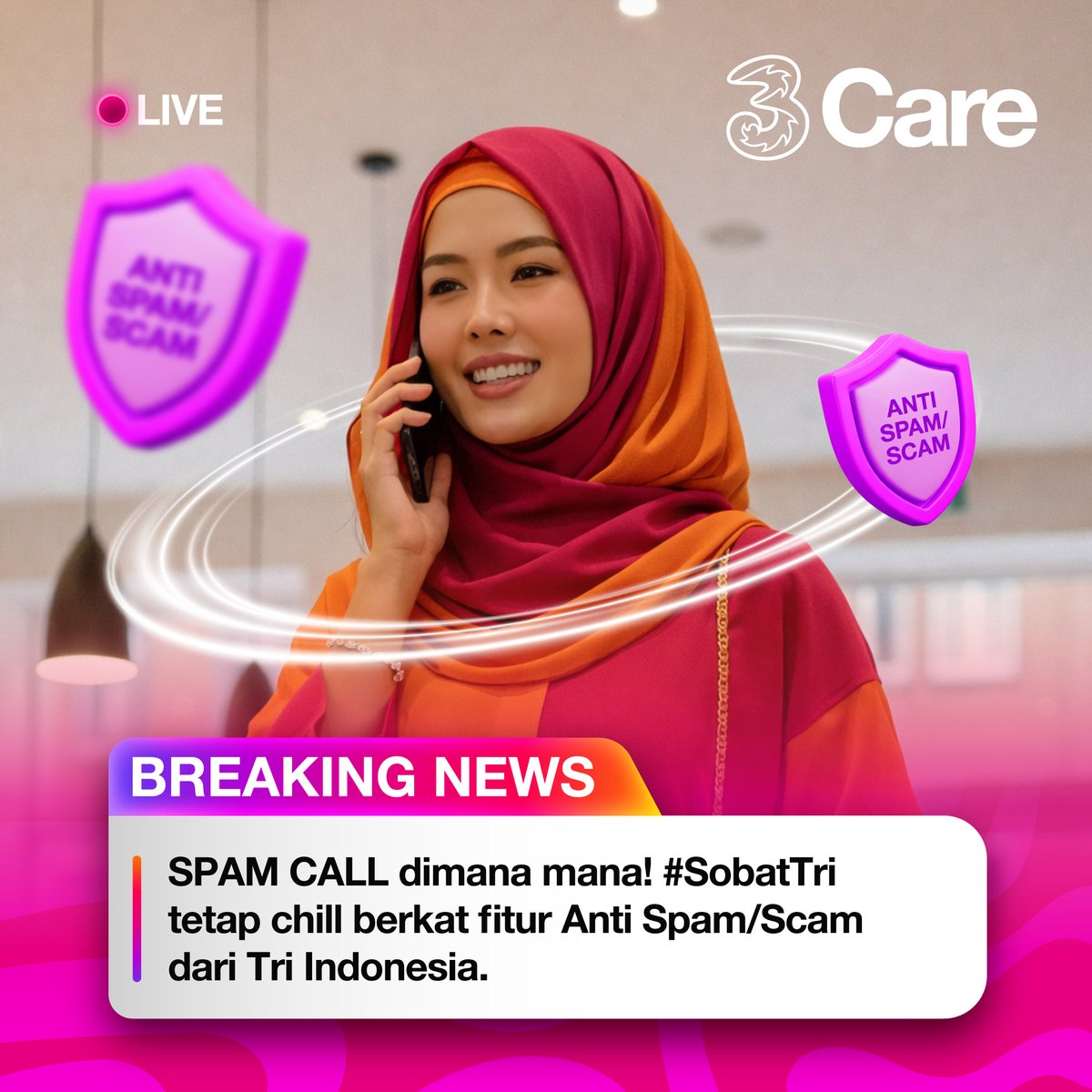 Sering khawatir banyak telfon masuk dari nomor yang ngga dikenal ​
Galau dan terganggu ? Tenangg! 
Tri AI AntiSpam/Scam siap jadi garda terdepan buat kasih tau kamu lho....​

#3CareUntukMu #3CareIndonesia