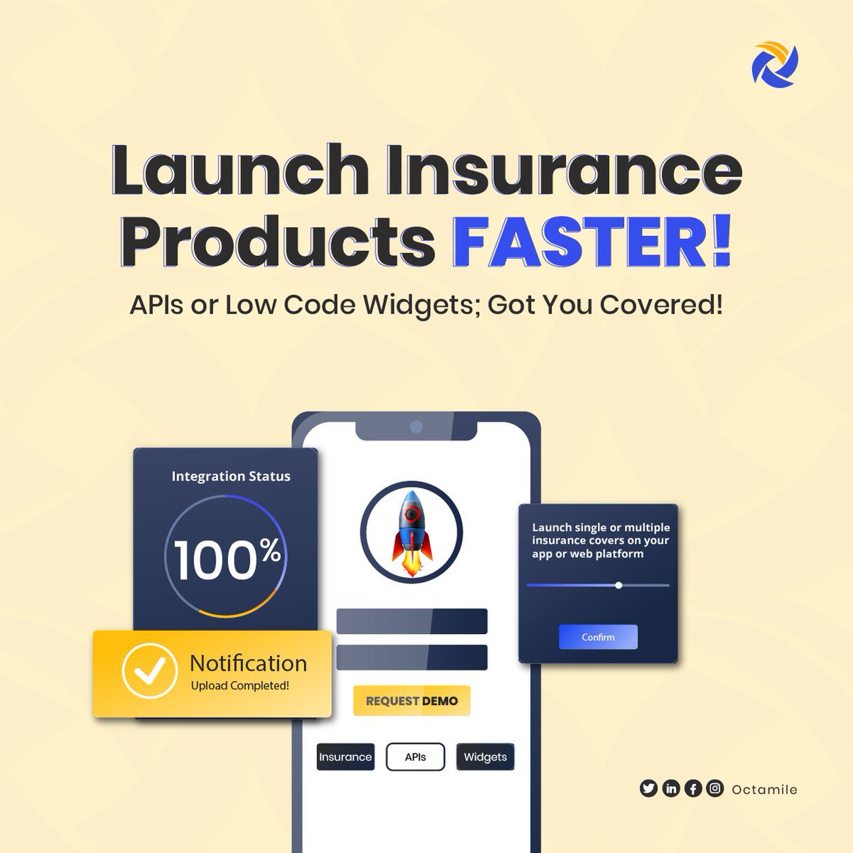octamile's tweet photo. Launch insurance products faster.

- APIs.
- Low-code widgets.
- Plug-and-play infrastructure.

Modern insurers don’t wait months to go live.
They build on smarter rails powered by @octamile 

#Insurtech #EmbeddedInsurance #APIs #InsuranceInnovation #Octamile https://t.co/rGLu4cOkpM