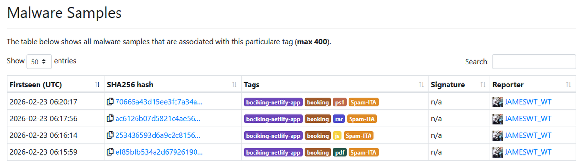 JAMESWT_WT's tweet image. #Booking spam email spread #xworm #rat 
👇
pdf&amp;gt;url&amp;gt;js&amp;gt;url&amp;gt;ps1
👇
bociking[.]netlify[.]app/ 
👇
ocrfebthutl[.]blogspot[.]com/
lundchikha[.]doc
atom[.]xml
👇
Samples
bazaar.abuse.ch/browse/tag/boc…
AnyRun
app.any.run/tasks/347f1e96…
cc @500mk500 @k3dg3