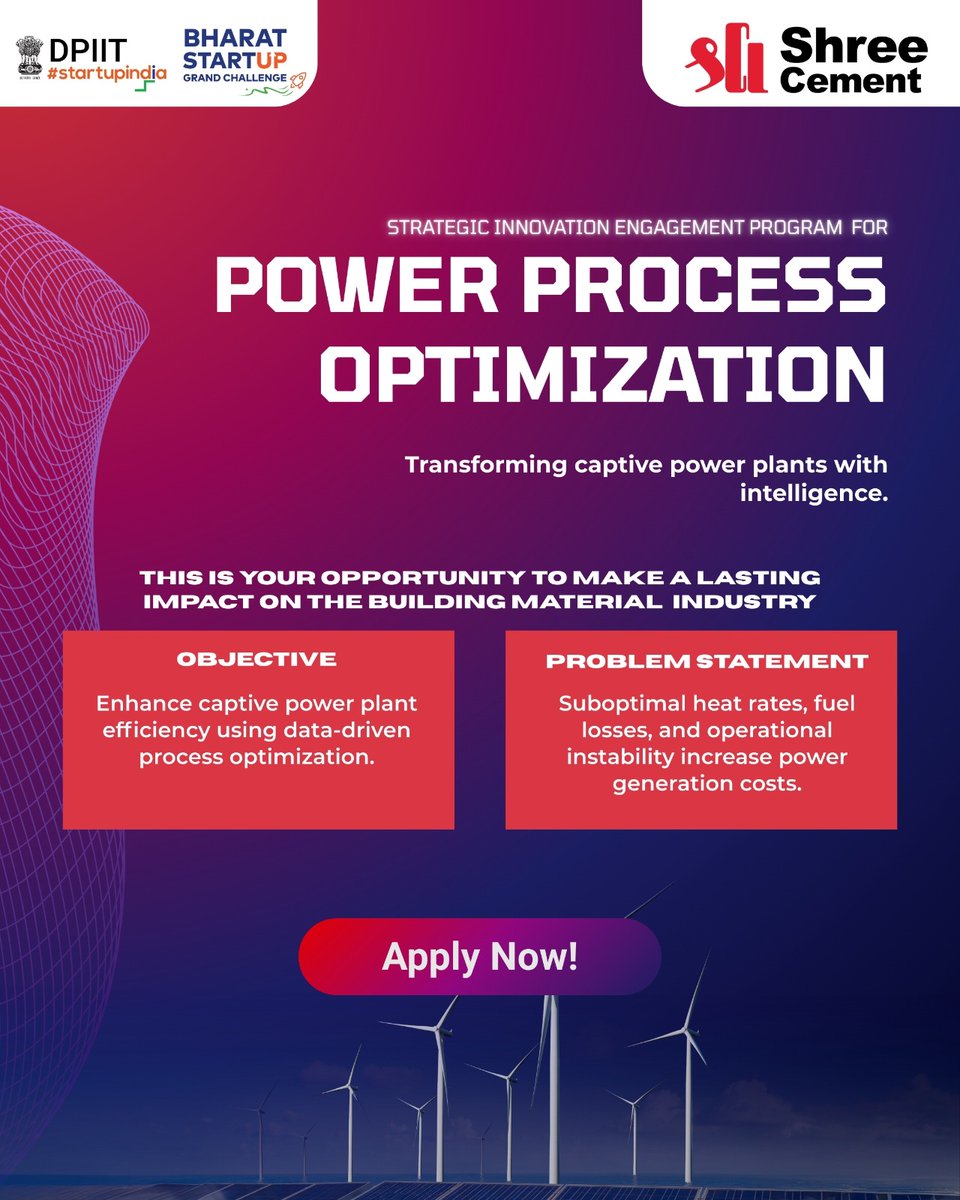 startupindia's tweet photo. 🚀 Ready to disrupt the status quo in the Cement Industry?

We are calling all startups and innovation enthusiasts to solve real-world industrial hurdles through the Shree Cement Ltd. Strategic Innovation Engagement Program. 

💡 What’s in it for you?

Certificate of Recognition: Awarded to the top 3 performing startups in each challenge.
Expert Mentorship: Gain 1:1 consultation with industry leaders and subject matter experts at Shree Cement Limited.
Cash Prize: Up to ₹1 Lakh for one startup demonstrating exceptional innovation and impact.
Real-World Deployment: A contingent business contract for one startup to pilot and deploy their solution in a live manufacturing environment.

🛠 Challenge: Power Process Optimization

📅 Timeline:
Applications Close: 9th March 2026.
Winners Announced: 6th April 2026.

Apply now: https://t.co/HY1QoRdxbK