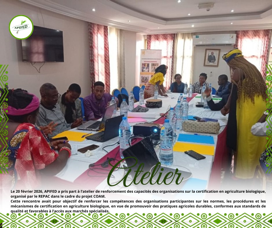 APIFEDCameroun's tweet image. Le 20/02/2026, APIFED a participé à l’atelier sur la certification en agriculture biologique organisé par le REPAC (projet COAM). 🌱
Objectif : renforcer les capacités des organisations sur les normes bio et promouvoir des pratiques durables.
#APIFED #COAM #REPAC