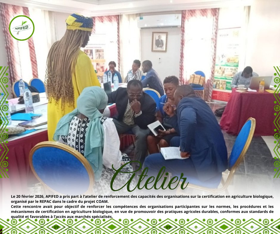 APIFEDCameroun's tweet image. Le 20/02/2026, APIFED a participé à l’atelier sur la certification en agriculture biologique organisé par le REPAC (projet COAM). 🌱
Objectif : renforcer les capacités des organisations sur les normes bio et promouvoir des pratiques durables.
#APIFED #COAM #REPAC