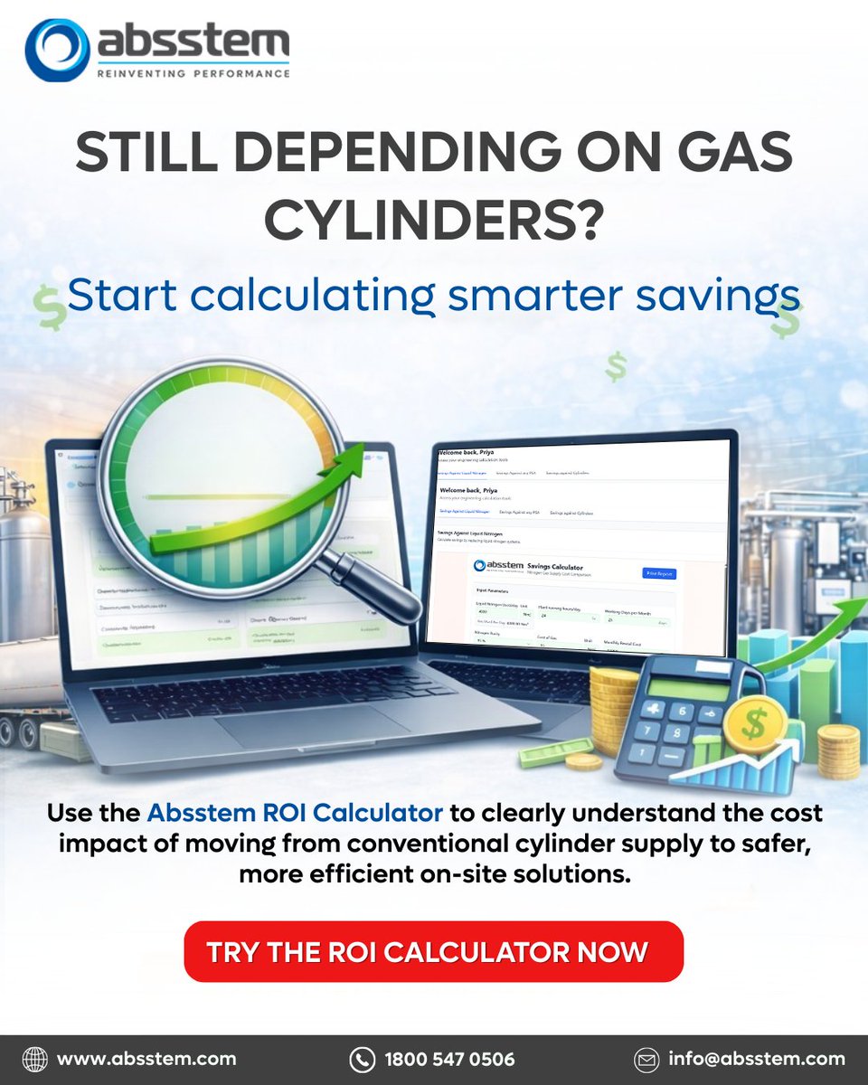 absstem's tweet photo. Still relying on gas cylinders? It’s time to calculate smarter savings.

Discover how much you can save by switching to safer, more efficient on-site solutions with the #Absstem #ROICalculator. 
https://t.co/QZ8CEiQtM0 
+91-9289909418
#AbsstemTechnologies #SmartMaintenance https://t.co/TrzGdJdeuC