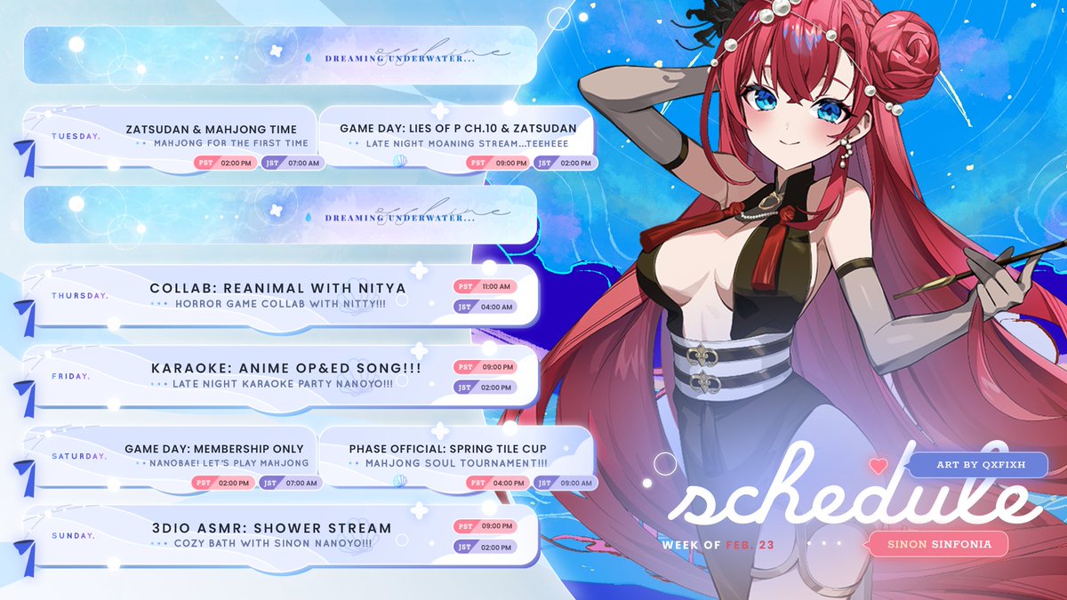 SinonSinfonia's tweet photo. 02/23/26 - 03/01/26 WEEK SCHEDULE!!! 🐚🫧
Super busy week, but with so much fun nanoyo!!!
Fan Art: #SinonArt
Livestream/Clips: #SinonLive
General: #SinonDiary
NSFW: #SinfulSinon https://t.co/Y7sDfMDGzL