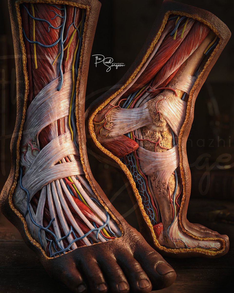 The Human Foot is an engineering masterpiece

- 26 bones (25% of your skeleton)
- 33 joints 
- 107 ligaments + 19 muscles
- Absorbs up to 4-8× body weight when sprinting
- Self-adjusts arch in milliseconds
- Still lets you feel a single grain of sand

Image was created by me🤭