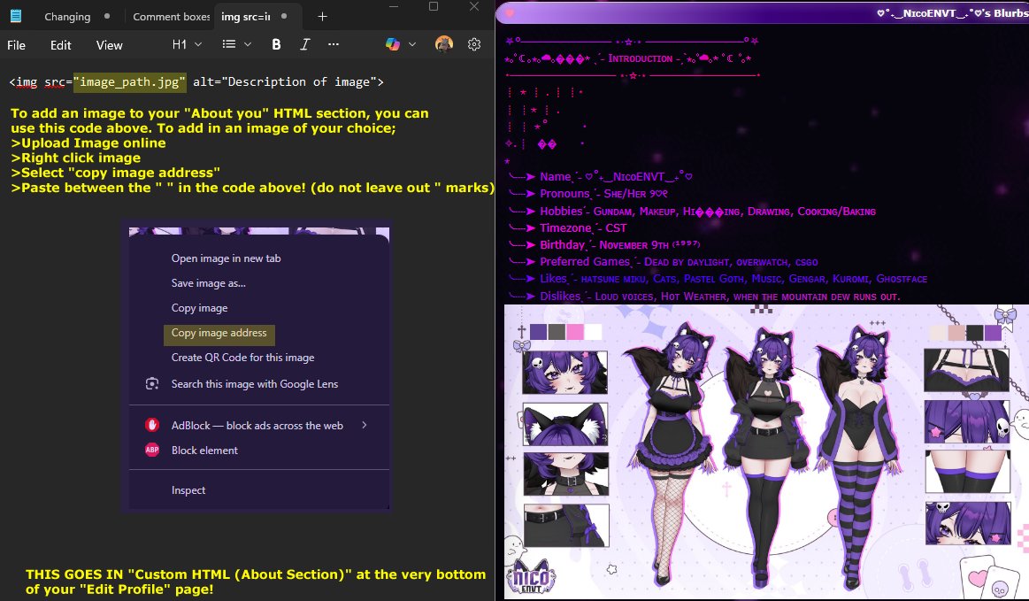 Want to add your own image to your "about you" section on MyOshi? I personally reccomend this to easily display your ref! 

Code = 
<img src="image_path.jpg" alt="Description of image"> 

>Edit profile
>Scroll all the way down to "Custom HTML (About Section)" 
>Insert code
>