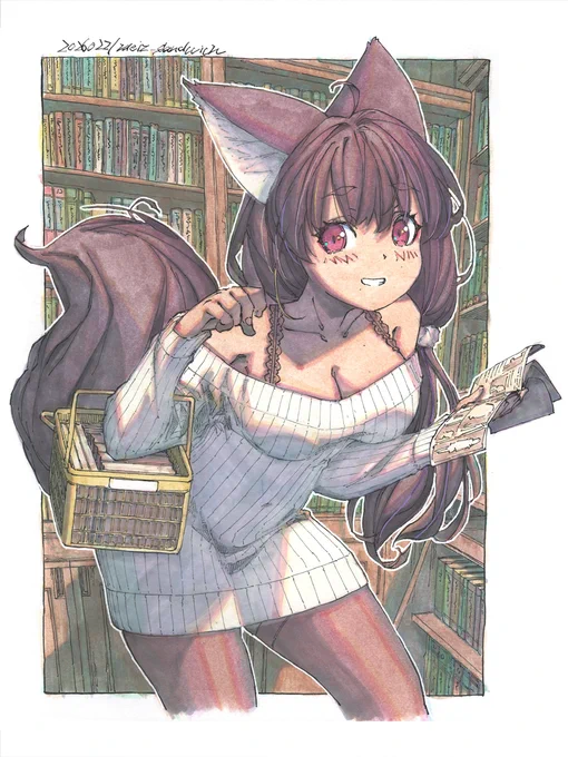 【アナログ2449:夜勤明けの古書好き姉さん】 仕事開けに寝ないまま好きな古本屋を回る子。 #水彩 #原画 #色紙 #狐娘
