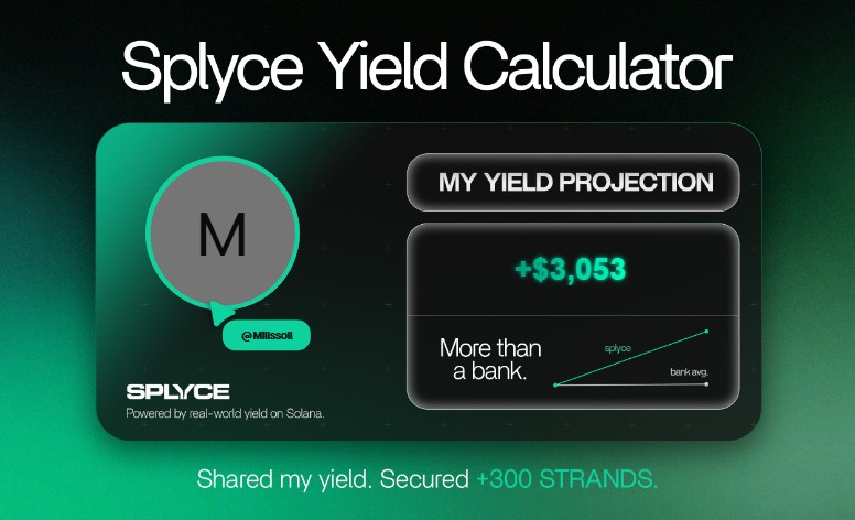Millssoll's tweet photo. Just tested the real-world yield calculator from @SplyceFi.

My numbers came out +2,928.23% higher than leaving it in a bank.

Check yours: https://t.co/E1sBybf4h0 https://t.co/4AtF8oeOST