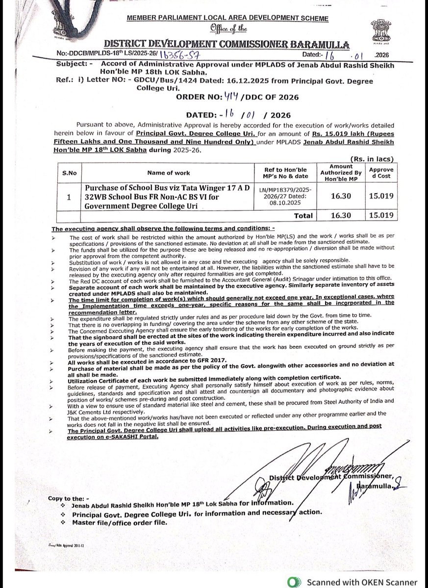 abrarrashid29's tweet photo. Administrative Approval accorded for the execution of following works under MPLADS.

1. Purchase of School Bus for Government Degree College Uri—Rs 16.3 lakh
2. Leveling of Playfield at Government Degree College Baramulla— Rs 3 lakh
3. Development of Dariyan( Kutru Naribal) Rafiabad as Eco-tourism spot—Rs 3 Lakh