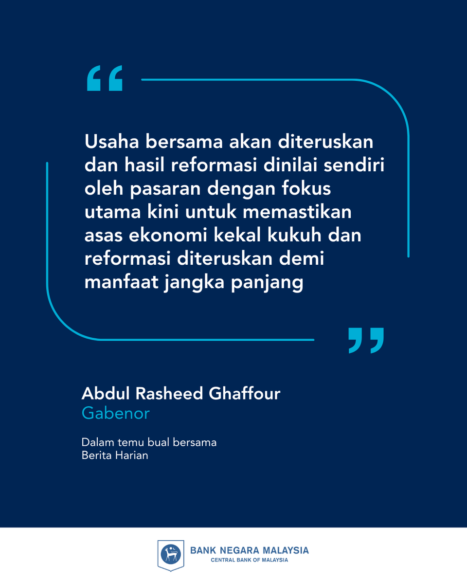 BNM_official's tweet photo. Pembaharuan hari ini adalah asas kepada kemakmuran masa hadapan. Di sebalik angka ekonomi, yang paling penting ialah kesannya terhadap kehidupan seharian rakyat.

Baca temubual eksklusif Gabenor Rasheed bersama Berita Harian melalui:
 
https://t.co/emAtOzWjdz

https://t.co/Y0CaeUo31u

https://t.co/Molt7R7UOO