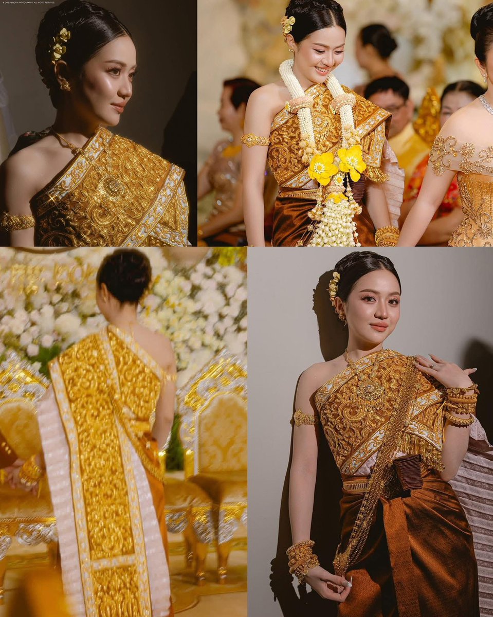 🇰🇭 Khmer Traditional Bridal Attire Shines as a Symbol of Heritage and Elegance.

The bridal costume worn in traditional Khmer weddings continues to captivate cultural observers for its intricate silk craftsmanship, elaborate gold jewelry, and meaningful ceremonial colors that