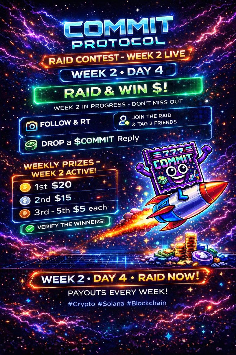 WEEK 2 • DAY 4 🚀

Momentum is building and we’re not slowing down.

$COMMIT RAID CONTEST is LIVE
Weekly payouts. Real rewards. No fluff. 🎟️🔥

✅ Follow &amp; RT
✅ Drop a $COMMIT reply
✅ Tag 2 friends who need to see this

Let’s grow this the right way.
Early energy wins. 🚀