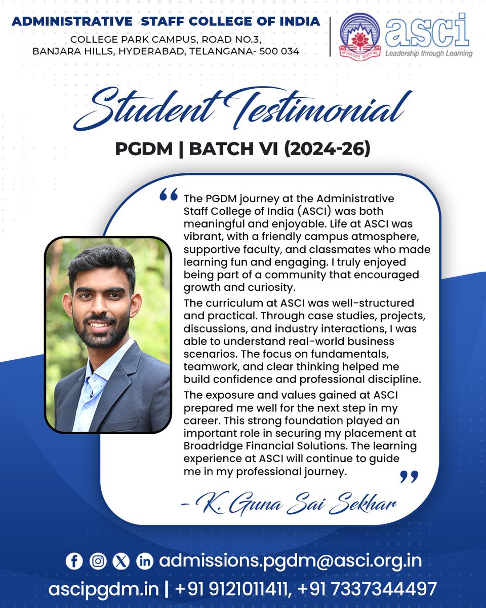 ascipgdm's tweet image. Mr.Guna Sai Sekhar Koorakula, PGDM Batch VI (2024–2026), shares his enriching learning journey at ASCI and the key experiences that shaped his academic and professional growth 🎓.

#ascipgdm #studenttestimonial #pgdmjourney #ascihyderabad #pgdm2024 #pgdm2026 #managementstudies