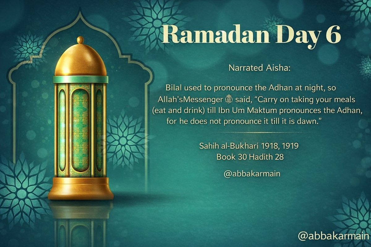 Ramadan Day 6

Narrated Aisha:
Bilal used to pronounce the Adhan at night, so Allah’s Messenger ﷺ said, “Carry on taking your meals (eat and drink) till Ibn Um Maktum pronounces the Adhan, for he does not pronounce it till it is dawn.”

Sahih al-Bukhari 1918, 1919
Book 30 Hadith