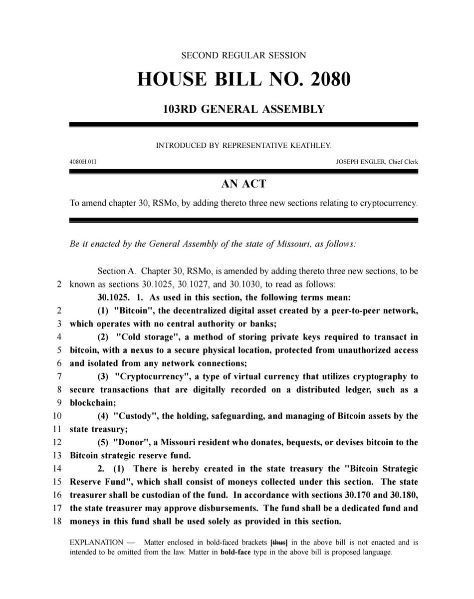 Crypto__Goku's tweet photo. 🇺🇸 Le Missouri introduit le projet de loi 2080 visant à créer un Fonds de réserve stratégique Bitcoin dans le chapitre 30 du RSMo.

Géré par le Trésorier d'État, le fonds accepte les dons ou legs de Bitcoin des résidents, les stocke en toute sécurité pendant au moins cinq ans, et peut ensuite les transférer, les vendre ou les convertir.