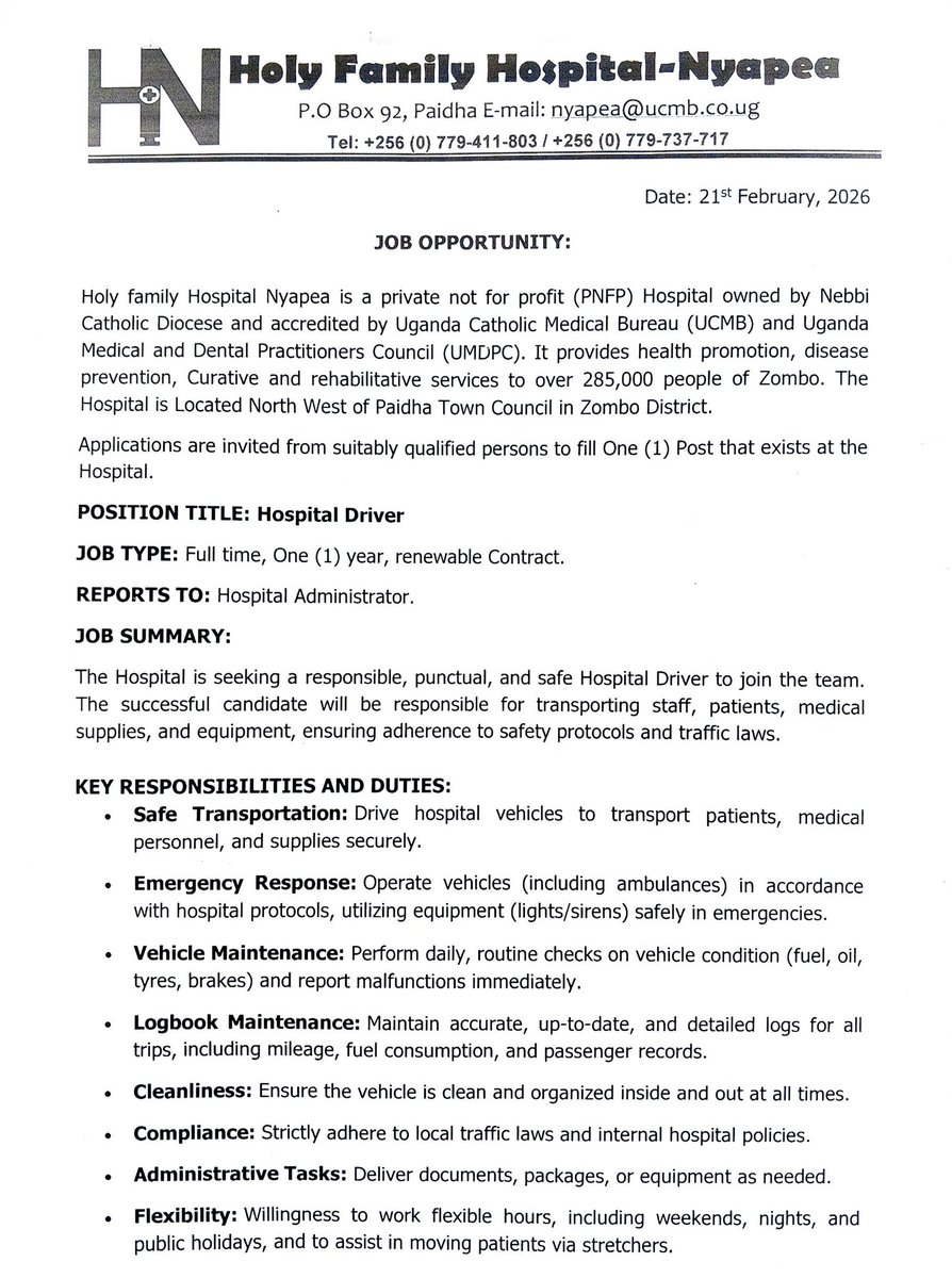 NyapeaHospital's tweet photo. Holy Family Hospital Nyapea is advertising for a driver. The qualified are encouraged to apply. Deadline: 6th March, 2026 at 5pm. https://t.co/i9RkByCsY7