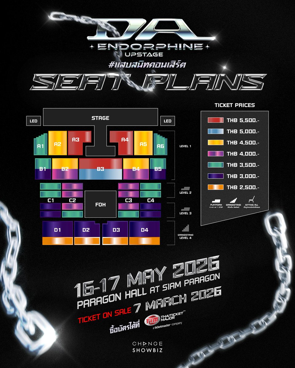 “DA ENDORPHINE UPSTAGE 
#แสบสนิทคอนเสิร์ต” 
กับ 4 แขกรับเชิญเพื่อนสนิท ที่แสบบบบบบ ไม่แพ้กัน 
🚨TICKET ON SALE : 7 MARCH 2026 [10 A.M]🚨
ซื้อบัตรคอนเสิร์ตได้ที่ THAITICKETMAJOR.com
.
ติดตามรายละเอียดเพิ่มเติมได้ที่
Facebook 👍🏻CHANGEshowbiz
. 
📍SHOWDAY 
🟣 SAT, 16 MAY 2026 [6