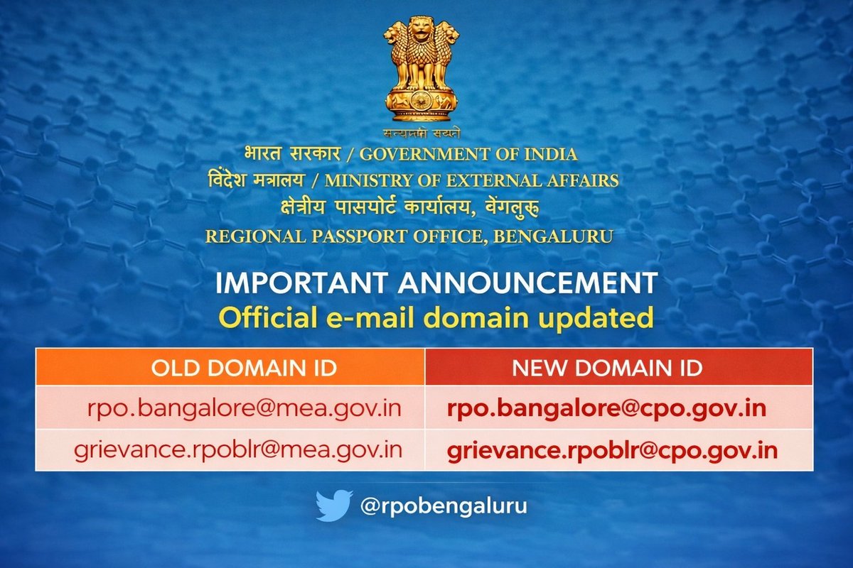 rpobengaluru's tweet photo. Please note that the official email IDs of @rpobengaluru have been changed.
Henceforth, the public is requested to use the newly updated email IDs for all official communication and correspondence. @passportsevamea https://t.co/sIF60ZfG9N