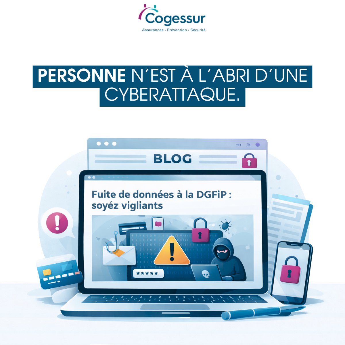 COGESSUR1's tweet photo. ⚠️ Fuite de données à la DGFiP : vigilance !

Des tentatives de fraude peuvent survenir dans les prochains jours.

❌ Ne partagez jamais vos infos sensibles sans vérification
❌ Méfiez-vous des mails, SMS ou appels suspects

Pensez à vous assurer 🔐 Contactez-nous https://t.co/h4WIpyXY3b