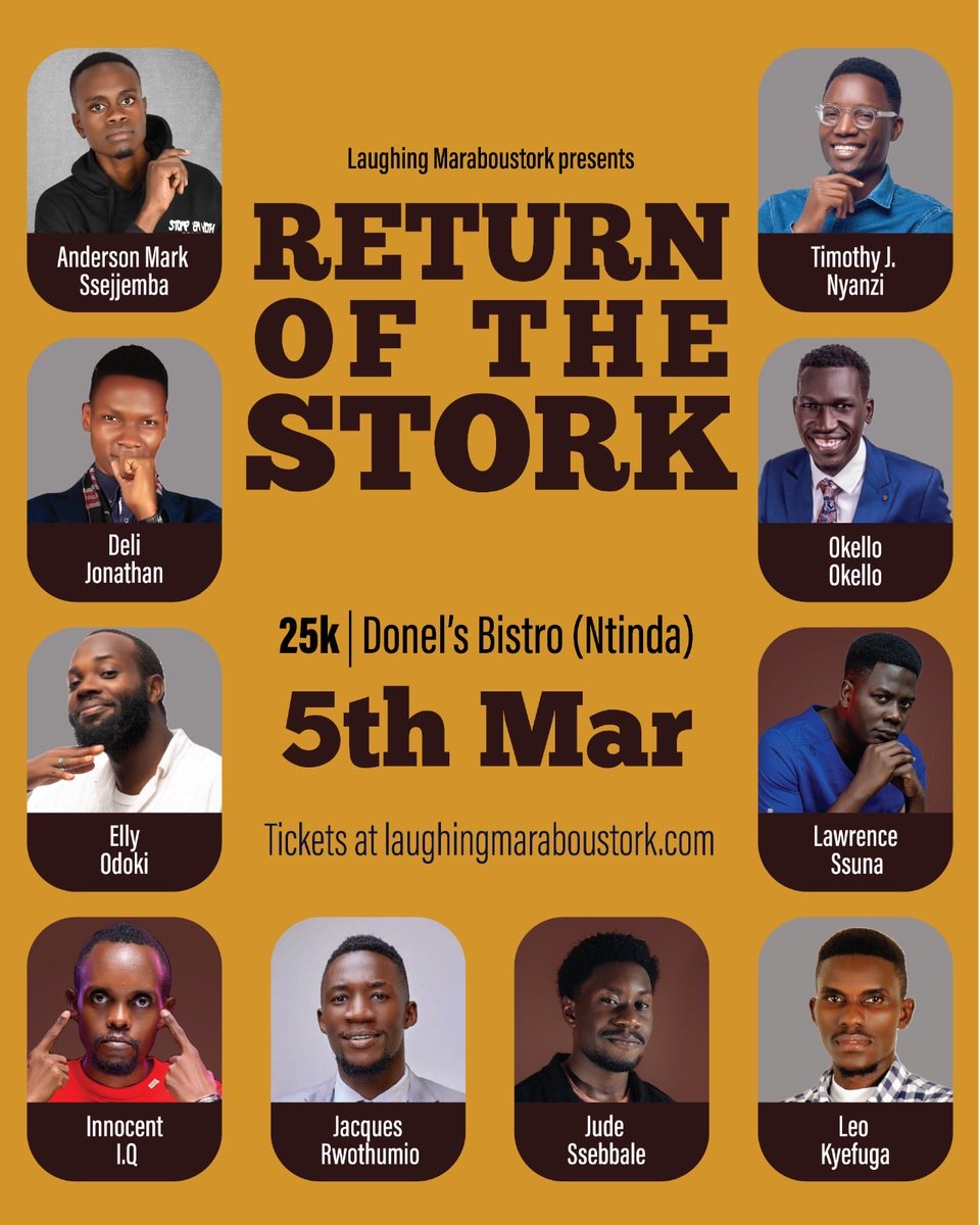 We’re back! Your 5th Mar plans are officially sorted. Laughing Maraboustork returns with a powerhouse lineup ready to shake Donel’s Bistro, Ntinda. Tickets at laughingmaraboustork.com