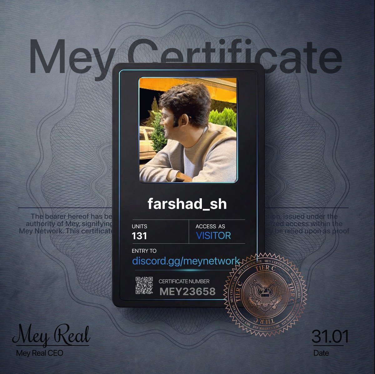 Fa_sh_13's tweet photo. Claimed my **MEY Certificate** and I'm in MEY HQ now.

This tier system is kinda fire.

Which one did you get?

@mey_network → https://t.co/TqXN81IQU8 https://t.co/VfSCGioIam