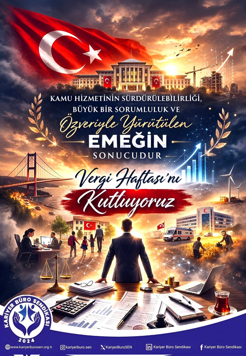 KariyerBuroSEN's tweet photo. Vergi sistemi; bilgi, sorumluluk ve özveriyle yürütülen büyük bir kamu görevidir. Vergiyle ilgili her alanda emek veren, sorumluluk üstlenen tüm meslek mensuplarının Vergi Haftası’nı saygıyla kutluyoruz.

Kariyer Büro Sendikası
#VergiHaftası https://t.co/5AIDcL1Poy