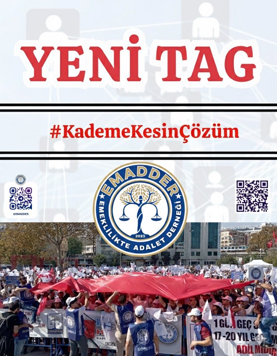 📣📣 TAG DUYURUSU 📣📣
👇👇👇👇👇
#KademeKesinÇözüm

Bu bir ayrıcalık isteği değil;
yıllarca verilen emeğin, ödenen primlerin ve harcanan ömrün karşılığının talebidir.

Aynı işte çalışan, aynı yükü taşıyan milyonlarca emekçi tek bir tarihle birbirinden ayrıldı. 08.09.1999 sonrası