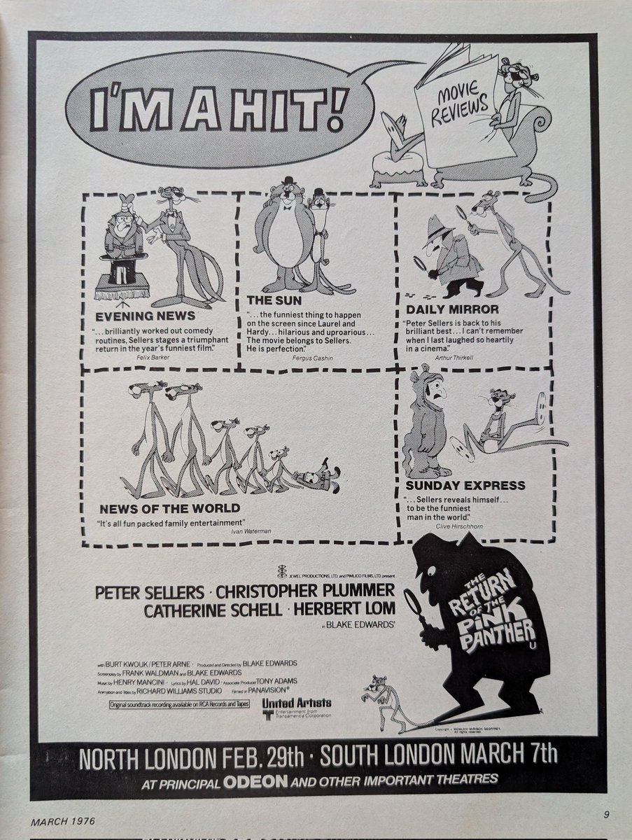 It's another Vintage Magazine Movie Ad Monday on Pop Culture Schlock! Opening this week in North London (fifty years ago!), it's The Return of the Pink Panther! Another great full-page ad from the pages of the legendary magazine, Photoplay 📽️🎬🎥