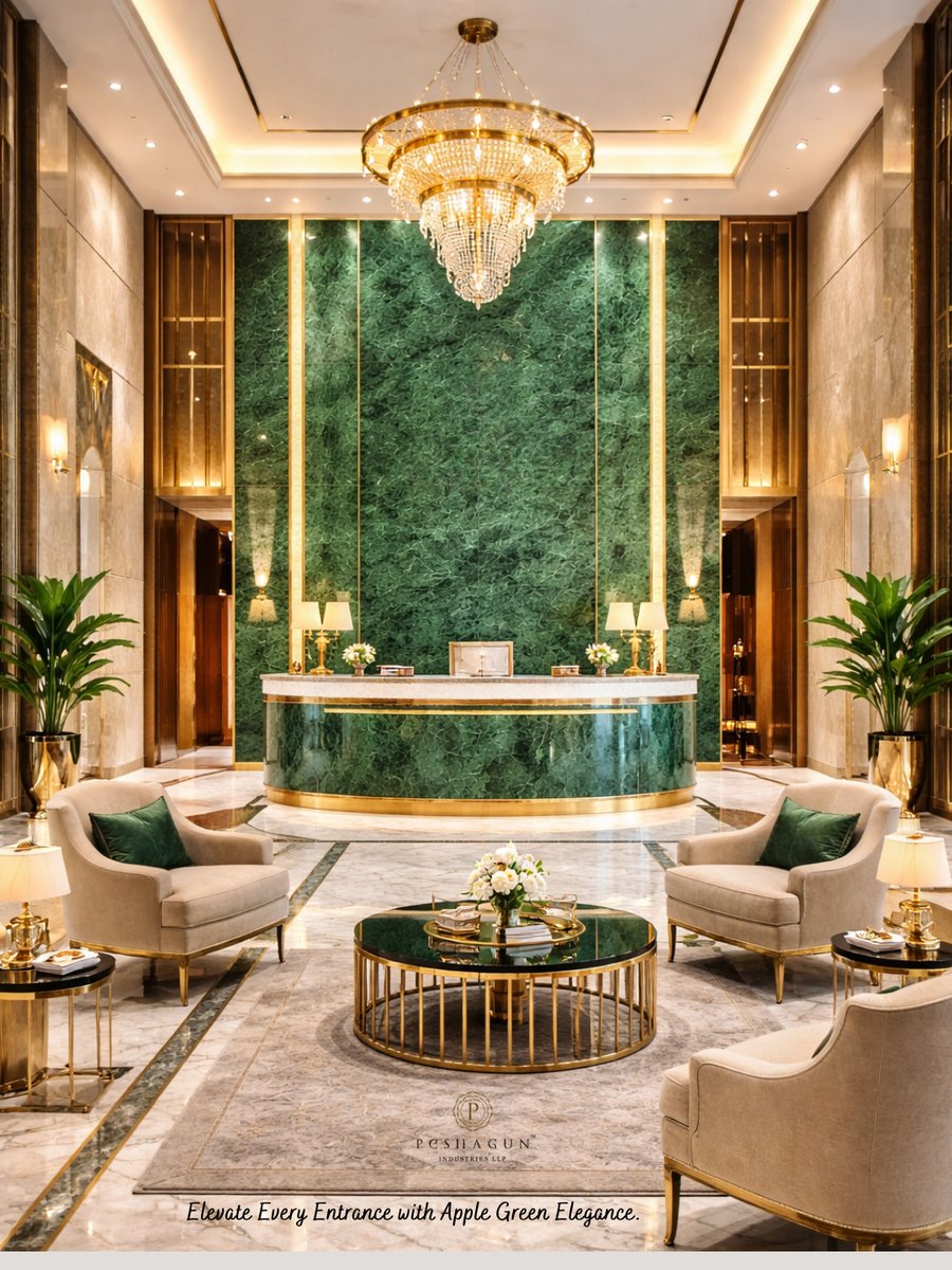 Make every arrival unforgettable. 💎🌿 Apple Green marble paired with warm gold tones brings depth, sophistication, and prestige to this stunning lobby design. 
.
For more info:
Contact - +91 9509510369, +91 6377715613, +91 9829785551

#marble #applegreen #LuxuryMarble