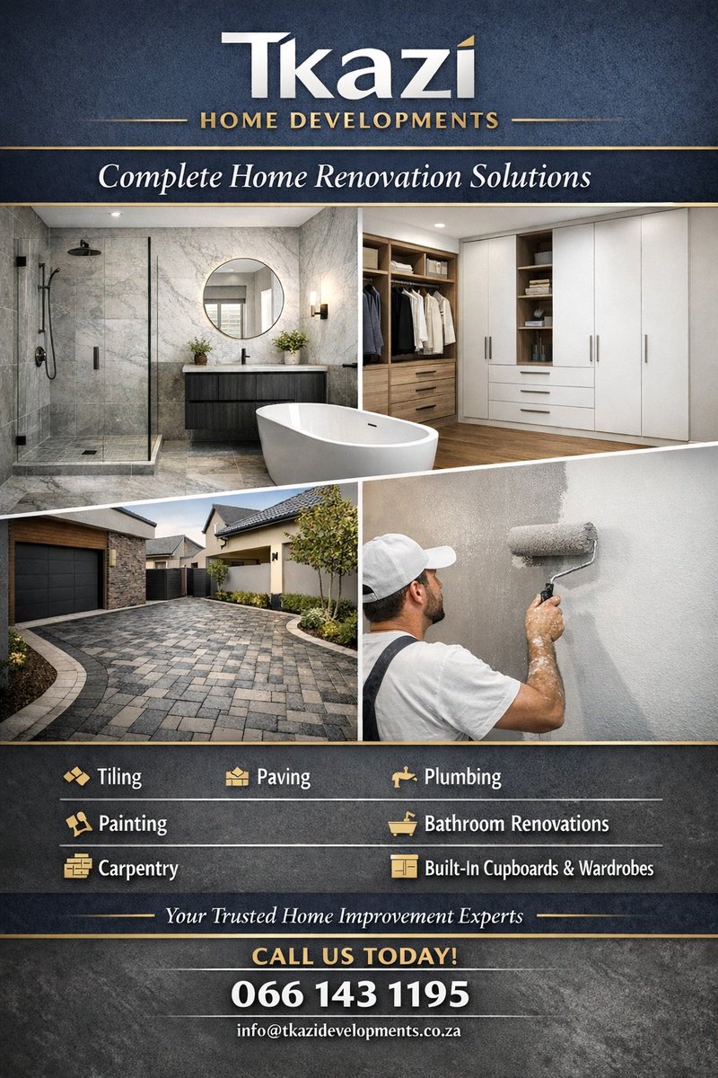 Your Trusted Home Improvement Experts are here!

Looking for quality renovations you can trust? Tkazi Home Developments is now booking projects for 2026!

🎨 Painting &amp; Tiling
🛁 Bathroom Remodels
🚪 Custom Cupboards &amp; Wardrobes
🏗️ Paving &amp; Carpentry

Quality work. Professional