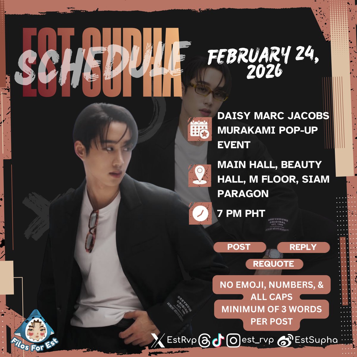 EstSuphaPH's tweet photo. #EST_schedule 🎉
🗓 24 FEB 2026
✨ Daisy Marc Jacobs Murakami Pop-Up Event
🕓 6 PM TH | 7 PM PHT
📍 Main Hall, Beauty Hall, M Floor, Siam Paragon
#est_rvp #FilosFor_Est https://t.co/MGuRbK93XD