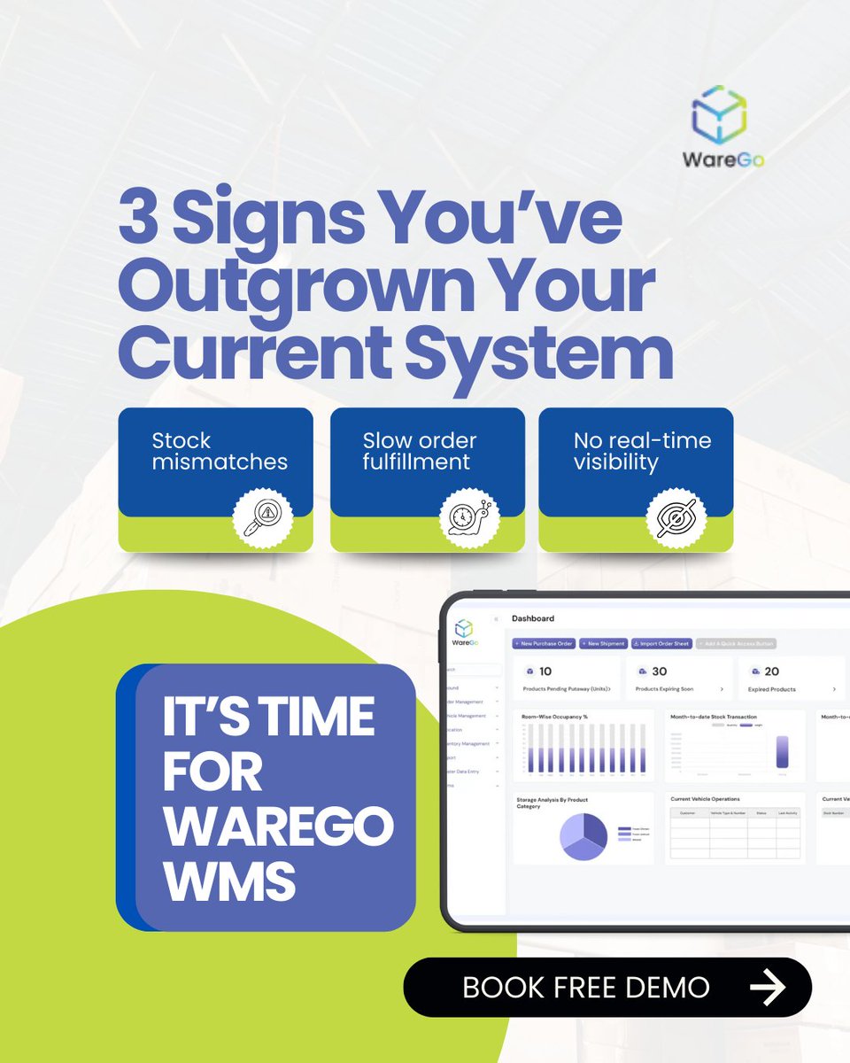 WareGoGlobal's tweet image. If any of these sound familiar, your warehouse isn’t broken, it’s outdated.

WareGo WMS brings real-time tracking, operational clarity, and accuracy back to your warehouse.

👉 Book FREE Demo - warego.co

#WareGo #WMS #WarehouseManagement #InventoryControl