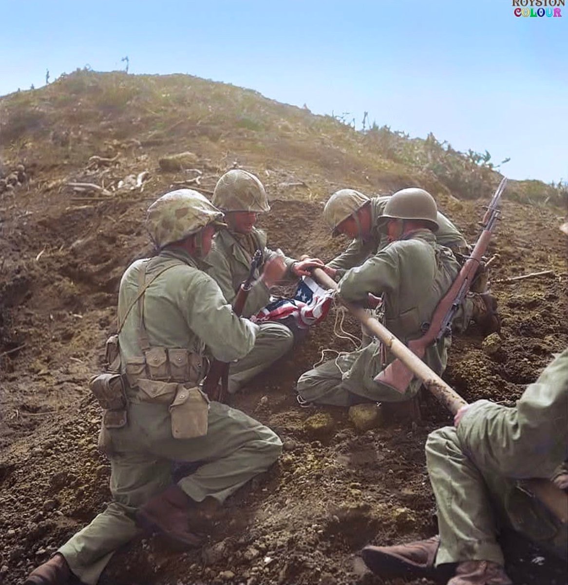 81 years ago today, Marines prepare to hoist “Old Glory” atop Mount Suribachi on Iwo Jima 🇺🇸
