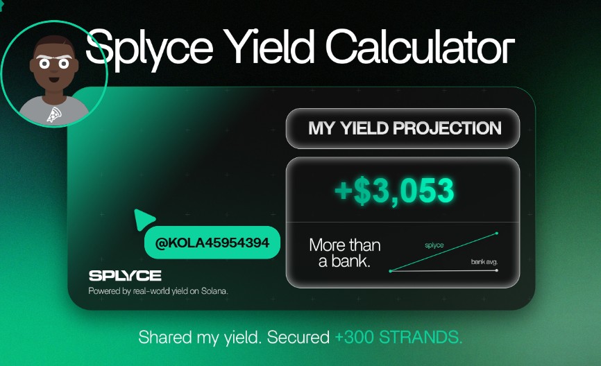 Just tested the real-world yield calculator from <a href="/SplyceFi/">Splyce Finance</a>.

My numbers came out +2,928.23% higher than leaving it in a bank.

Check yours: solana.splyce.finance/calculator?ref…