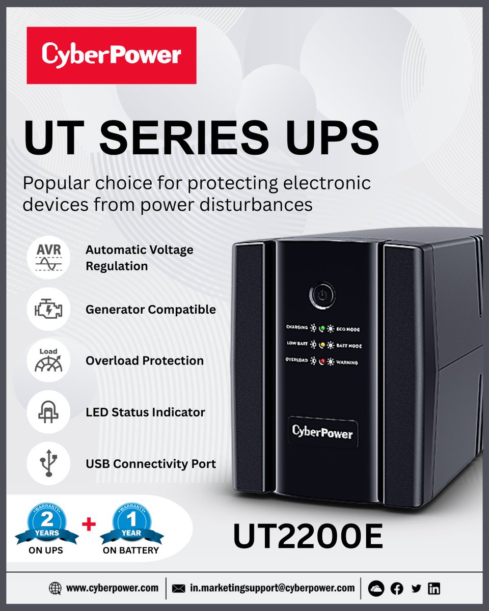 The CyberPower UT2200E is engineered for small-to-medium enterprises. By utilizing Line-Interactive Topology and Automatic Voltage Regulation (AVR), it ensures that your servers, workstations, and networking gear receive consistent power without constantly draining the battery.