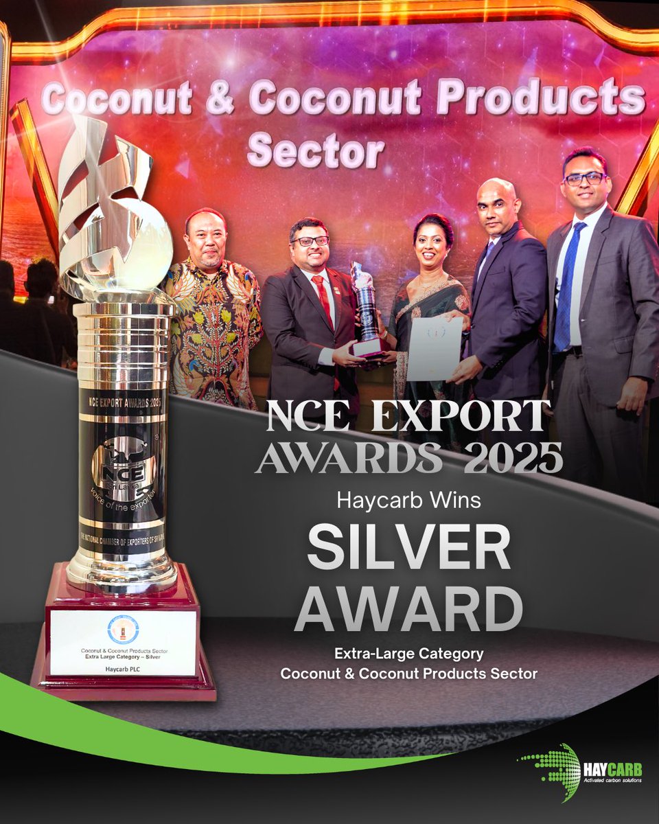 We’re proud to share that Haycarb was recognized at the NCE Export Awards 2025 as a Silver Awardee in the Extra-Large Category – Coconut &amp; Coconut Products Sector, in recognition of our export performance for 2024–2025.