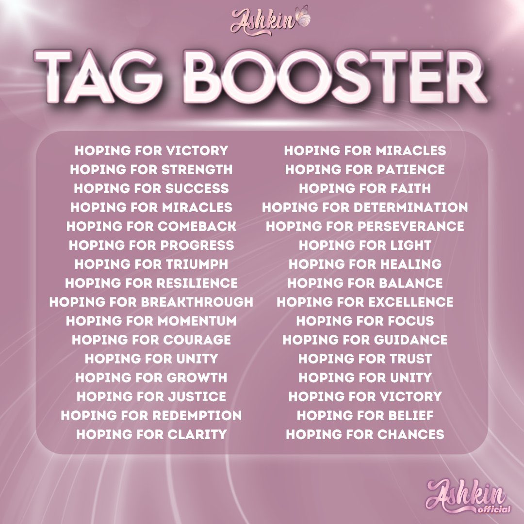 𝐓𝐀𝐆 𝐁𝐎𝐎𝐒𝐓𝐄𝐑 𝐓𝐖𝐎

Are you still there, Ashkin?

Let's reach Two Hundred replies under this tweet! Every reply counts, so keep interacting and boosting the tag!

MONTAPATAN WITH ASHRAVE
#Ultim8TapatanWithAshley