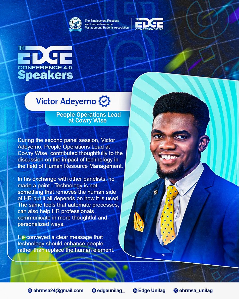 Ehrmsa_unilag's tweet photo. Throwing it back to EDGE 4.0 with @victoriyinoluwa, People Operations Lead at @cowrywise.

He shared valuable insights on leveraging technology in HR, emphasizing that technology should enhance people, not replace the human element, but serve as a tool to facilitate HR processes. https://t.co/JMRGhPMLNT