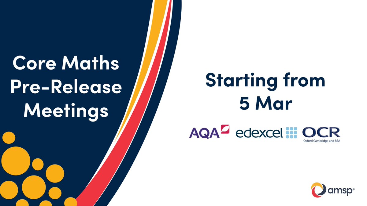 MEIMaths's tweet image. 🚨 Final places  

Join our FREE Core Maths Pre-Release Meetings:  

👉 AQA: 5, 12 &amp;amp; 23 Mar  

👉 Edexcel: 9 &amp;amp; 17 Mar  

👉 OCR: 18 &amp;amp; 19 Mar 

Register now: buff.ly/E4ix5zs

#AQA #OCR #EdExcel #CoreMaths