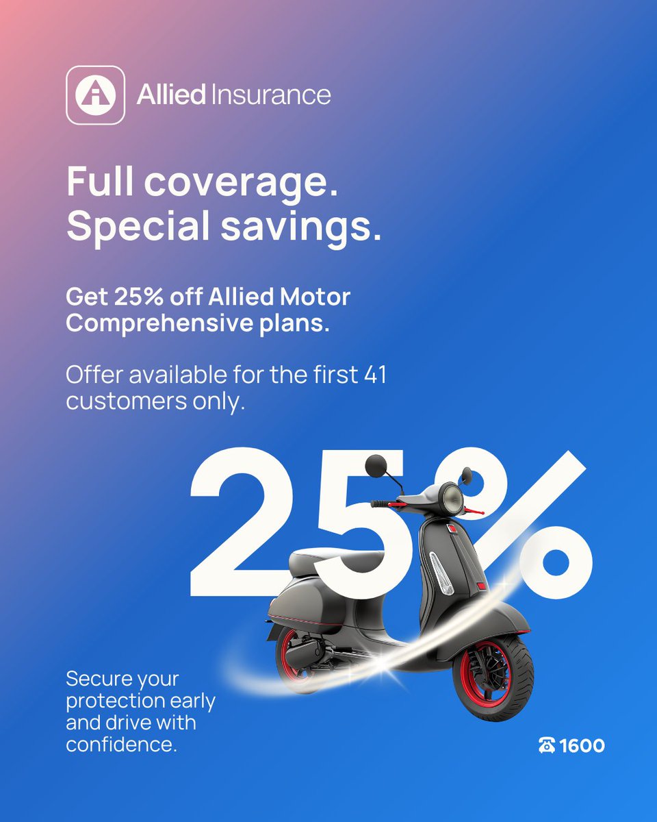 alliedmv's tweet image. 25% OFF our Motor Comprehensive plans, 
only for the first 41 customers.
Full coverage. Special savings.
Get it now: myallied.mv | 📞 1600
@Allied Insurance #MotorInsurance #ComprehensiveCover #RoadSafety #Maldives