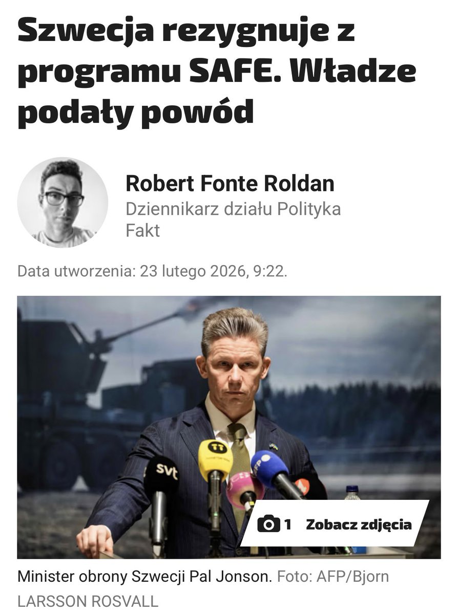 Szwecja rezygnuje z udziału w unijnej pożyczce #SAFE, gdyż samodzielnie zdoła pozyskać kredyty na bardziej preferencyjnych warunkach (Polska również ma taką szansę, ale rząd Tuska ją odrzuca).