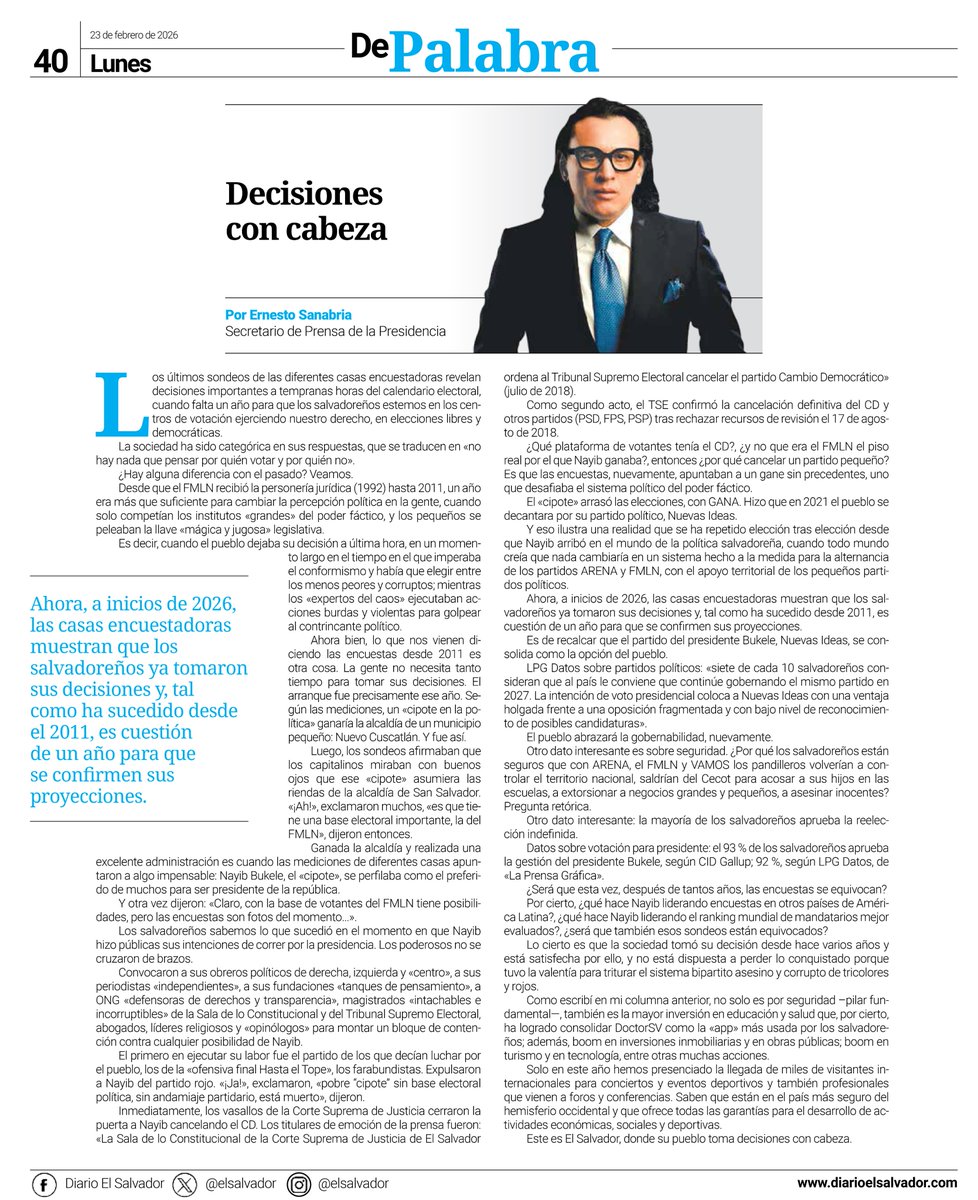 #OpiniónEnDiarioElSalvador | En su columna en <a href="/elsalvador/">Diario El Salvador</a>, el secretario de Prensa, <a href="/NetoSanabria/">Neto Sanabria</a>, se refiere a los datos que brindan las encuestas sobre las decisiones del pueblo para las elecciones de 2027. Expresa que las respuestas son categóricas. “Lo cierto es que la