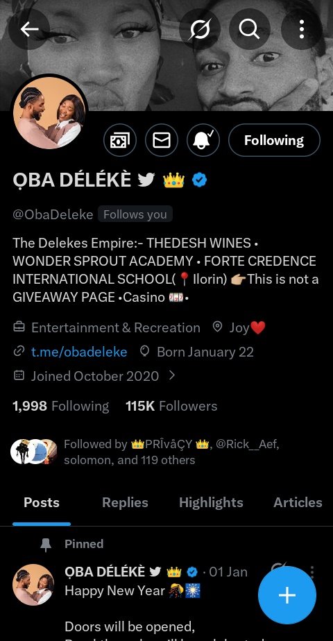 I know say I enter realm Wella this Month na why <a href="/ObaDeleke/">ỌBA DÉLÉKÈ  👑</a> follow back... Thanks for the follow back Baba respect na me dey find 1m Impression in 4days