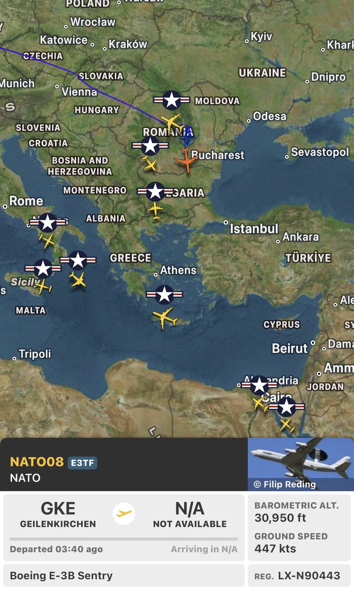 Osint613's tweet photo. USAF RC 135W Rivet Joint active over the Eastern Mediterranean. (This is the USAF ultimate spy plane) 

NATO E 3B Sentry AWACS operating over Romania, potentially headed to Middle East theater (NATO’s early warning and command aircraft) https://t.co/9L627wQnaE