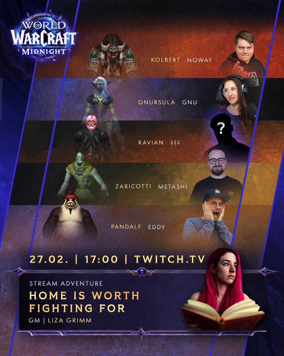 Warcraft_DE's tweet photo. Taucht ein in die Welt von World of Warcraft: Midnight! 

Folgt Liza Grimm und ihrer Bande von Abenteurern auf ihrer Reise nach Azeroth und in die Gefahren von Midnight. Live im P&amp;P-Rollenspiel am 27. Februar, nur auf https://t.co/18ftSLLvow. https://t.co/OCDohxKXnt