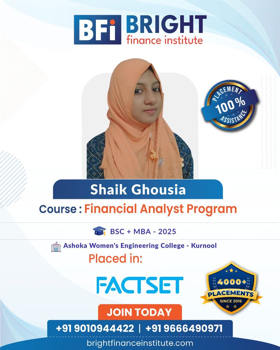 finance_br44873's tweet image. 🎉 Placement Success!

Shaik Ghousia (BSC + MBA 2025, Ashoka Women’s Engineering College – Kurnool) placed at FactSet through BFI’s Financial Analyst Program. 💯 Placement Assistance

Join now!
📞 +91 9010944422
🌐 brightfinanceinstitute.com

#BFI #FactSet #FinanceCareer