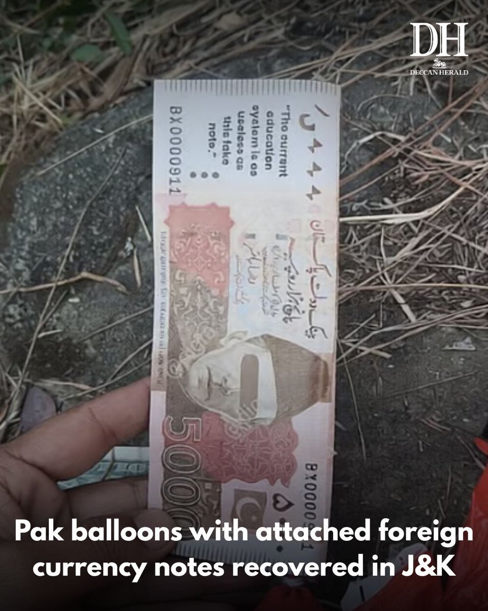 DeccanHerald's tweet image. Two #balloons with a #Pakistanicurrencynote Rs 5,000 and a #USdollar attached to them were recovered from a forward village in the #Akhnoor sector near #Jammu on Monday, officials said.

ow.ly/97oP50Yk9A5