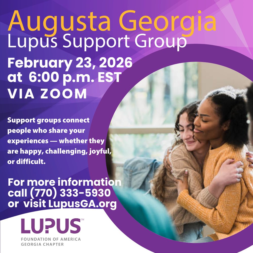 LupusGeorgia's tweet photo. The Augusta Support Group, tonight at 6:00 p.m. EST. via Zoom. Be inspired by this group—where stories are honored, voices are heard, and healing begins together. For more information, contact our office at (770) 333-5930 or visit https://t.co/lRKMzTre5E #lupus #lupusga https://t.co/v8FyFm0cFc