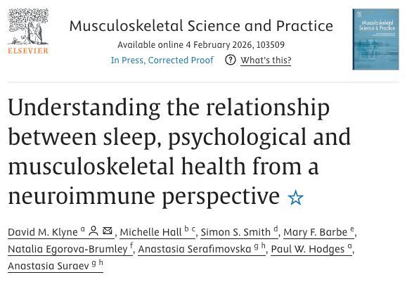 MSKPhysioJnl's tweet photo. 📕 #Neuroimmune Special Issue Series - 🟢 OPEN ACCESS - https://t.co/zgF9aD3qYA - Could improving sleep and psychological wellbeing be a powerful way to break the cycle of inflammation and persistent musculoskeletal pain? #SleepHealth #PainScience #NeuroImmunology #MSKCare https://t.co/d8T3tXOYrO